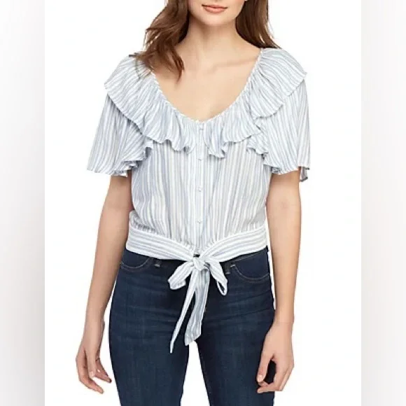 Free People The Rosemary Top Tie Waist Blouse Flutter Ruffle Blue Stripe Sz L - Picture 3 of 12